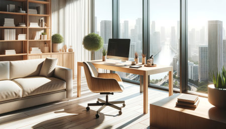Modern office interior with furniture and city view. Workplace and lifestyle concept. Generative AIの素材