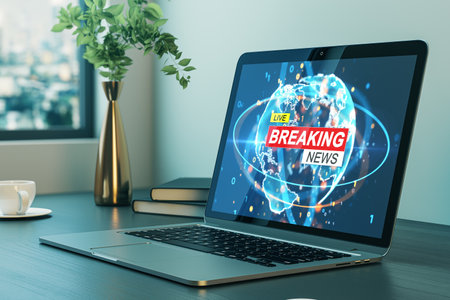 Close up of laptop on desk with different objects and creative polygonal breaking news and globe hologram. Television, online news and digital communication concept. 3D Renderingの写真素材