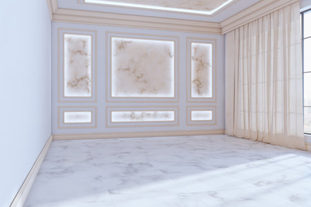 Contemporary luxury interior with window, city view and curtains, classic decorative walls, daylight and marble flooring. 3D Renderingの写真素材