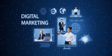 Creative blue devices hologram with tiny businesspeople on blurry background. Digital marketing, social network and online service conceptの写真素材