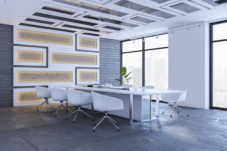 Clean meeting room interior with window and city view, decorative wall and furniture. 3D Renderingの写真素材