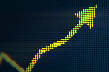Creative yellow pixel upward arrow on dark background. Growth, success business and up concept. 3D...