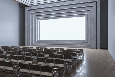 Contemporary cinema interior with mock up place on white screen and seats. 3D Renderingの写真素材
