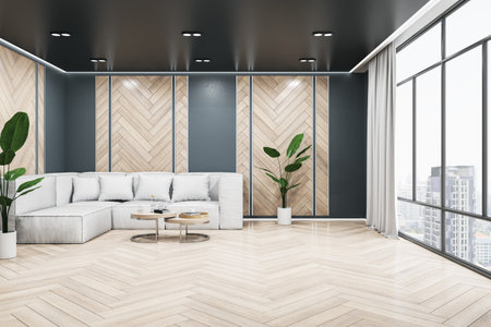 Modern wooden living room interior with sofa, panoramic window, city view and curtain, coffee table...