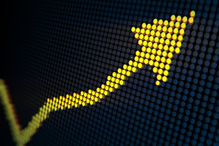 Creative yellow pixel upward arrow on dark backdrop. Growth, success business and up concept. 3D Renderingの写真素材
