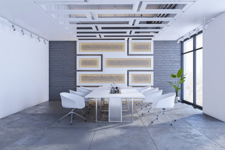 Modern meeting room interior with window and city view, decorative wall and furniture. 3D Rendering