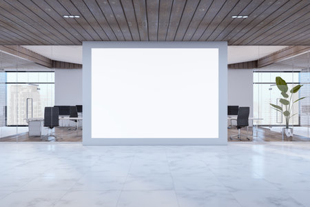 Modern concrete and wooden glass office interior with empty mock up poster on wall, various objects and furniture, window with city view and daylight. 3D Renderingの写真素材