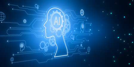 Creative AI head outline hologram with circuit on blurry blue backdrop. 3D Rendering