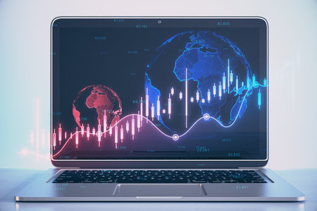 Close up of laptop with glowing falling red forex chart and globe on blurry background. Global economy, recession and crisis concept. 3D Renderingの写真素材