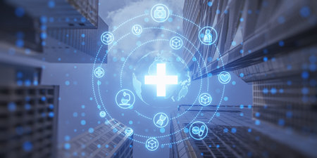 Creative glowing blue medical hologram with cross and globe on blurry city background. Science, healthcare system and futuristic pharmacy concept. Double exposureの写真素材