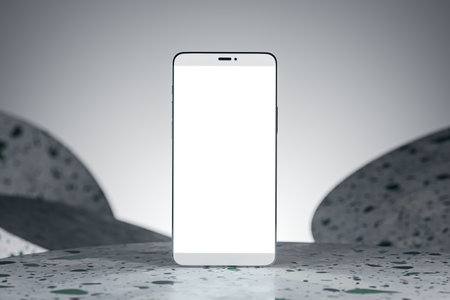 Empty white smartphone on abstract background with mock up place for your product advertisement. Presentation concept. 3D Renderingの写真素材
