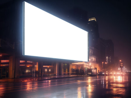 Blank billboard on the city street at night with fog and lights. Mockup. Generative AIの素材