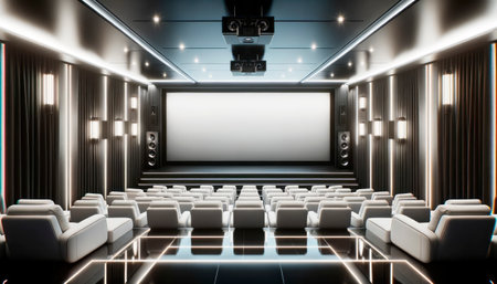 cinema auditorium with white seats and a white screen. Generative AIの素材
