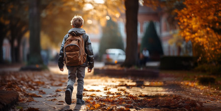 Back view of a boy with a backpack walking in the autumn park. Generative AIの素材
