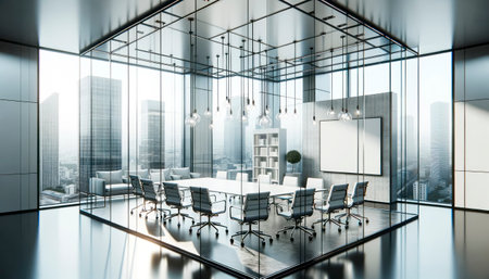 Modern conference room interior with city view and daylight. Generative AIの素材