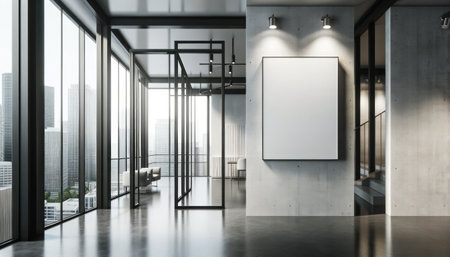 Modern loft office interior with empty poster on wall. Mockup. Generative AIの素材