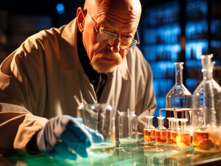 Senior male scientist working in a laboratory at night. He is carrying out scientific research. Generative AIの素材