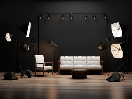 Interior of modern photo studio with black walls, wooden floor and white leather sofa. Generative AIの素材