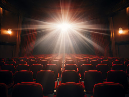 Movie or theater auditorium with red seats and spotlights. Cinema background. Generative AIの素材