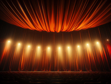 Theater stage with red curtains and spotlights. Generative AIの素材