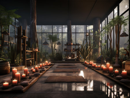 Yoga studio interior with candles and plants. Generative AIの素材