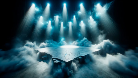 Empty stage with spotlights and smoke. Generative AIの素材