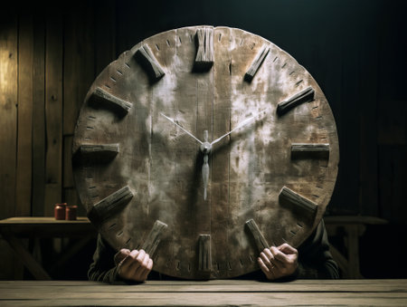 A man is holding a large clock in his hands. Time concept. Generative AIの素材