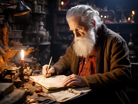 Old man with long white beard writing a letter in his workshop. Generative AIの素材
