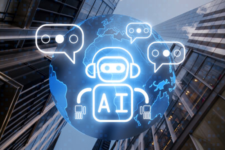 Creative glowing robot and globe ai hologram on blurry city buildings background. Machine learning,...