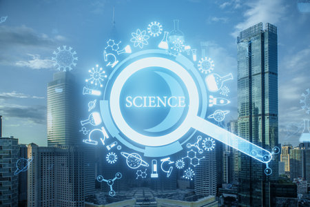 Glowing creative glowing magnifier hologram on blurry bright city background. Science, research and medicine concept. Double exposureの写真素材