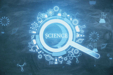 Glowing creative glowing magnifier hologram on blurry blackboard background. Science, research and medicine concept. 3D Renderingの写真素材