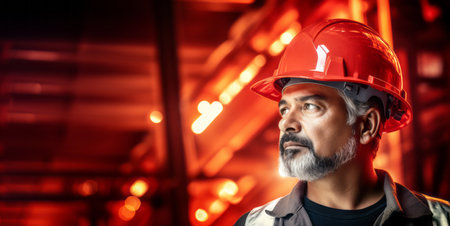 Portrait of a mature male worker in a hardhat. Industrial background. Generative AIの素材