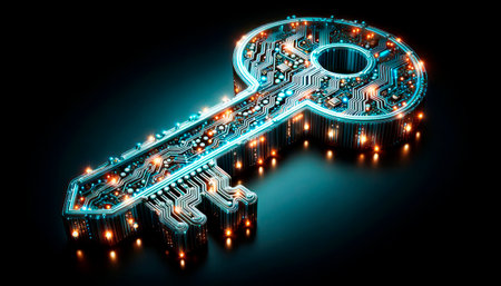 Key with circuit board. Cyber security concept. Generative AIの素材