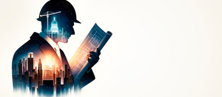 Silhouette of engineer with blueprint and cityscape in the background. Generative AIの素材