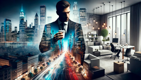 Businessman with coffee cup on modern city background. Success concept. Double exposure. Generative AIの素材