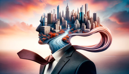 Businessman with head out of his mind and cityscape in the background. Generative AIの素材