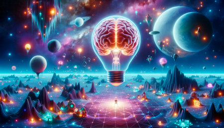 Brain and lightbulb in abstract virtual space background. Generative AIの素材