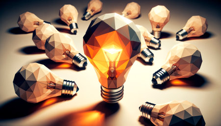 Low poly light bulb on dark background. Generative AIの素材