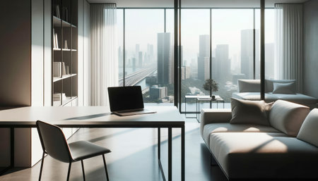 Laptop on the table in modern living room with city view. Generative AIの素材
