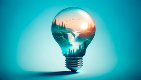 Glowing light bulb with nature landscape inside. Generative AIの素材