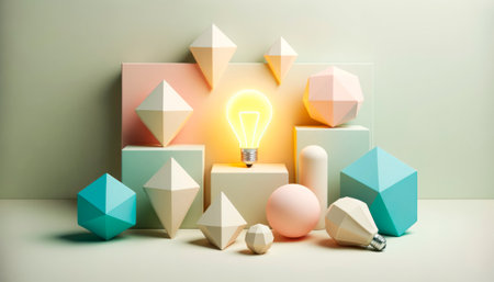 Geometric shapes and lightbulb on light background. Generative AIの素材