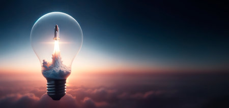 Business start up concept as a rocket taking off from a lightbulb with a blue sky background. Generative AIの素材