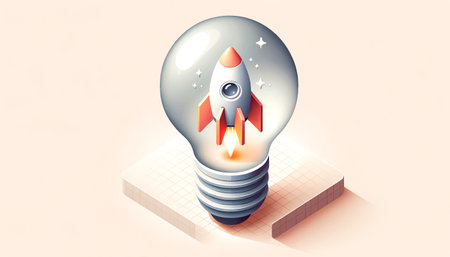 Illustration of a rocket flying through a lightbulb. Generative AIの素材