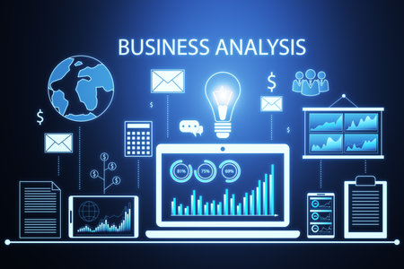 Creative financial data and accounting hologram with devices and charts on blue background. Statistical research and technology concept. 3D Renderingの写真素材
