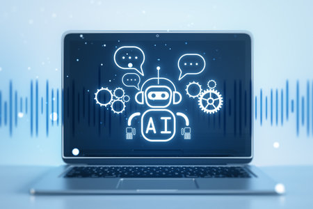 Close up of laptop with creative glowing robot ai hologram on blurry background. Automated machine...