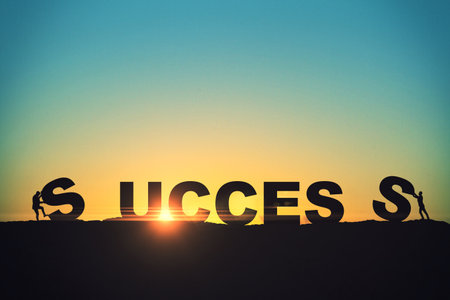 Tiny businesspeople putting backlit success letters together on sunset sky background with mock up...