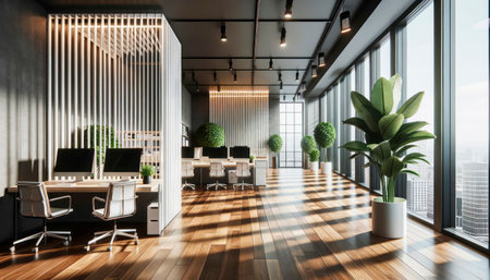 Interior of modern office with wooden floor, panoramic window and daylight. Generative AIの素材