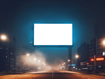 Blank billboard on road at night with fog and city lights. Generative AIの素材