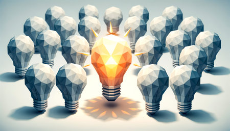 Low poly glowing light bulb in front of group of light bulbs. Generative AIの素材
