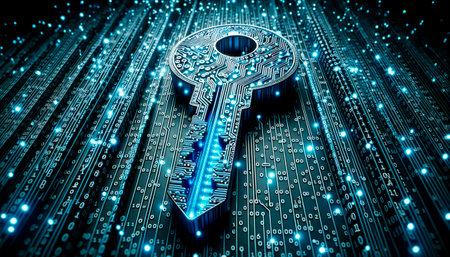 Key on a digital background with binary code. Digital security and data protection concept. Generative AIの素材